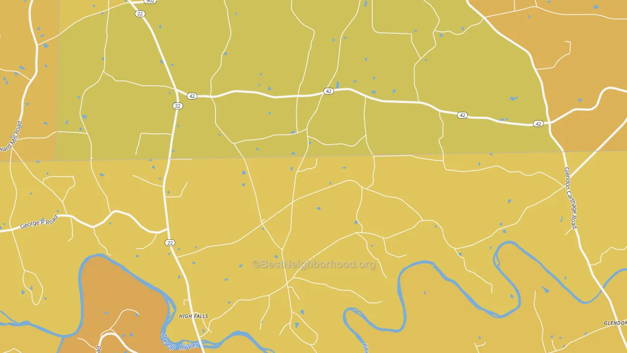 Map of the best neighborhoods in the Highfalls area, with better matches in green and worse matches in red