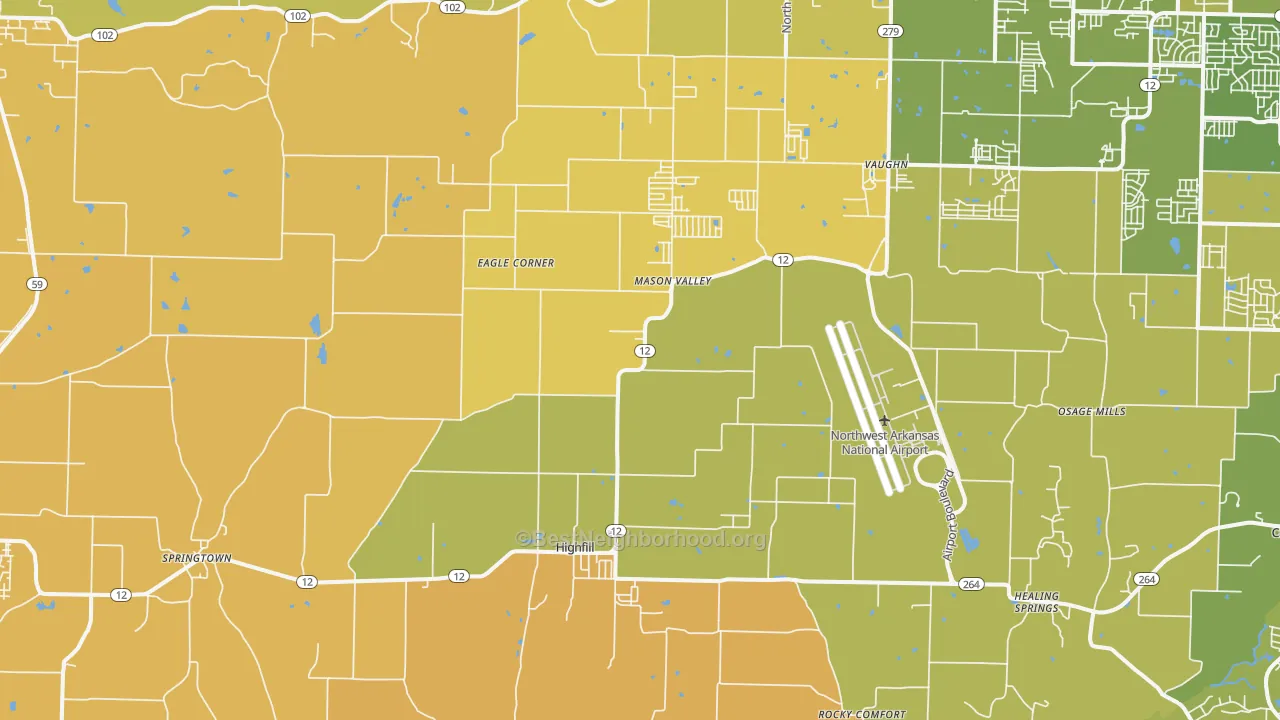 Map of the best neighborhoods in the Highfill area, with better matches in green and worse matches in red