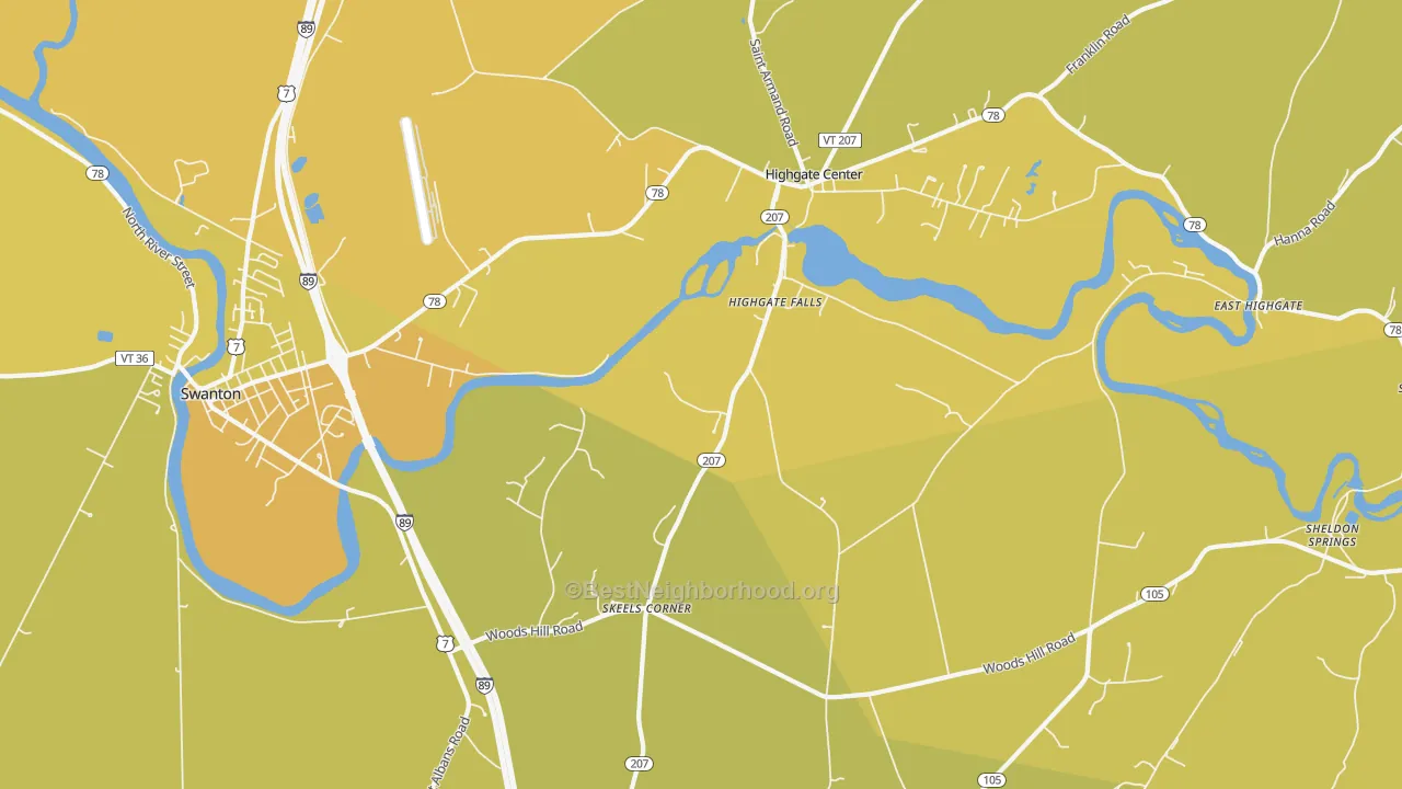Map of the best neighborhoods in the Highgate Falls area, with better matches in green and worse matches in red