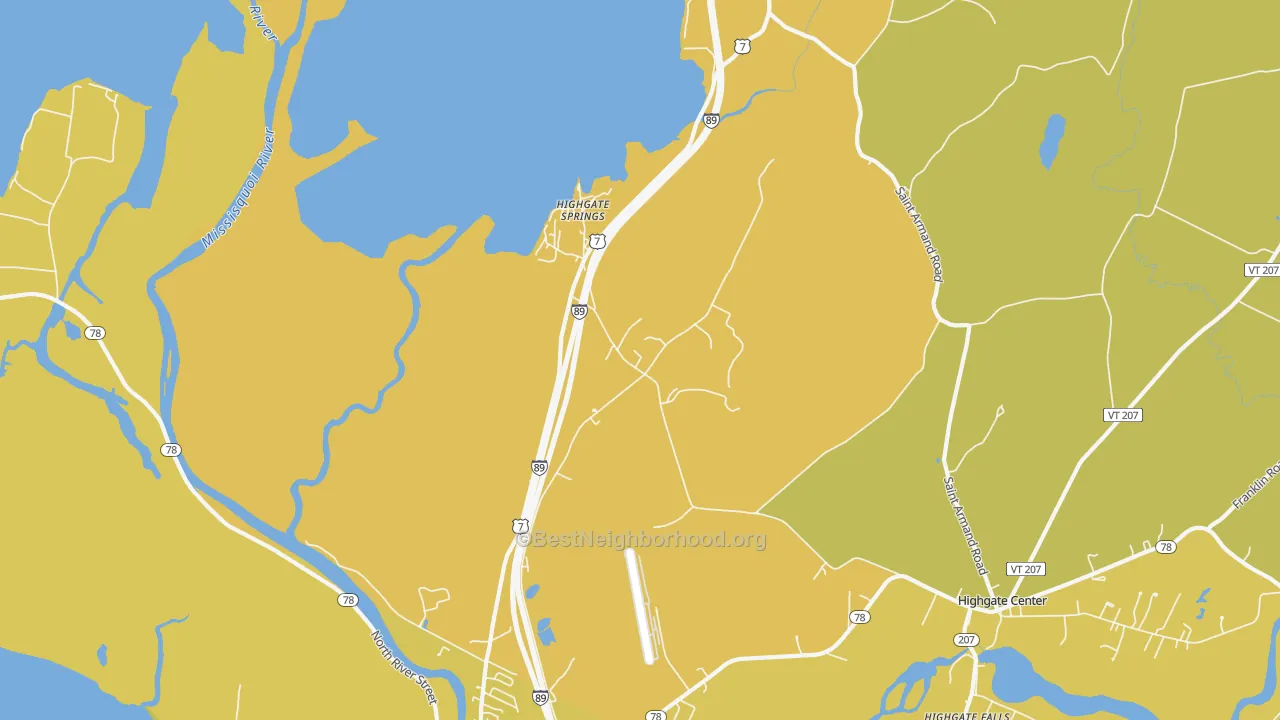 Map of the best neighborhoods in the Highgate Springs area, with better matches in green and worse matches in red