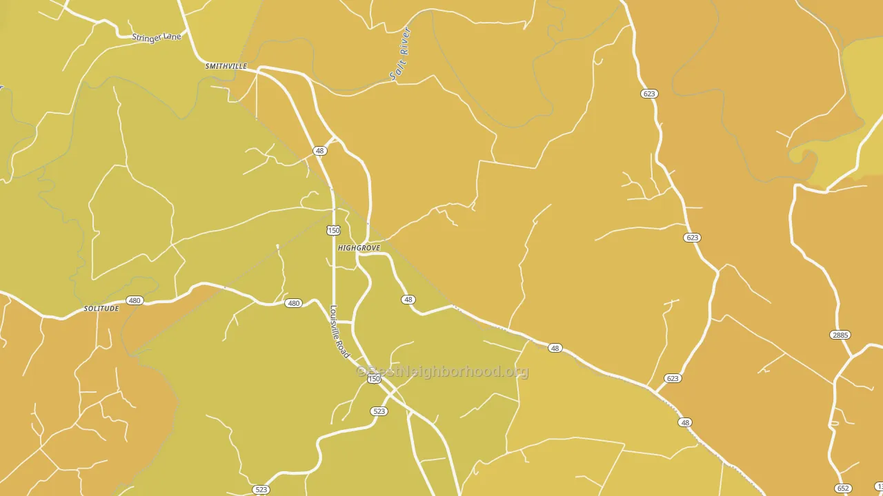 Map of the best neighborhoods in the Highgrove area, with better matches in green and worse matches in red