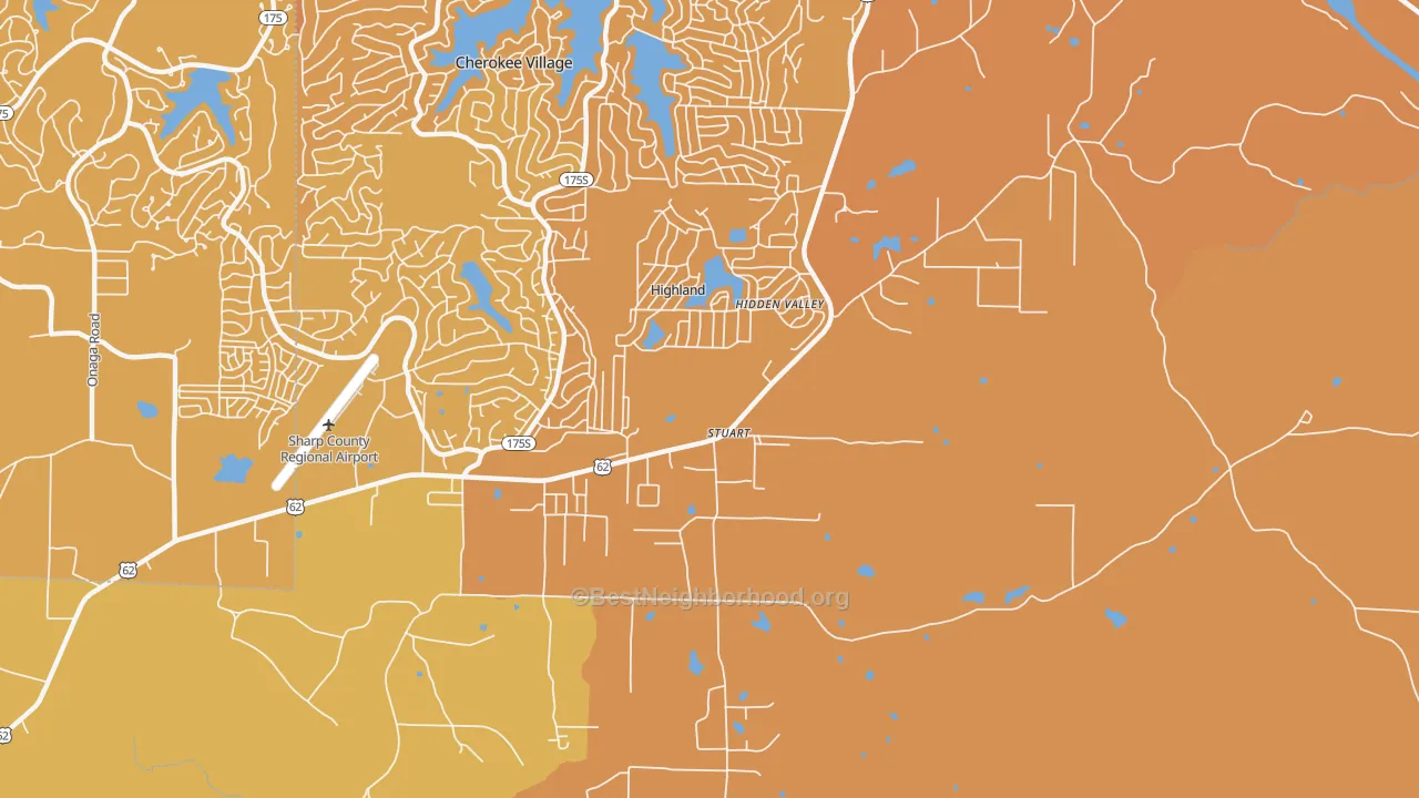 Map of the best neighborhoods in the Highland area, with better matches in green and worse matches in red