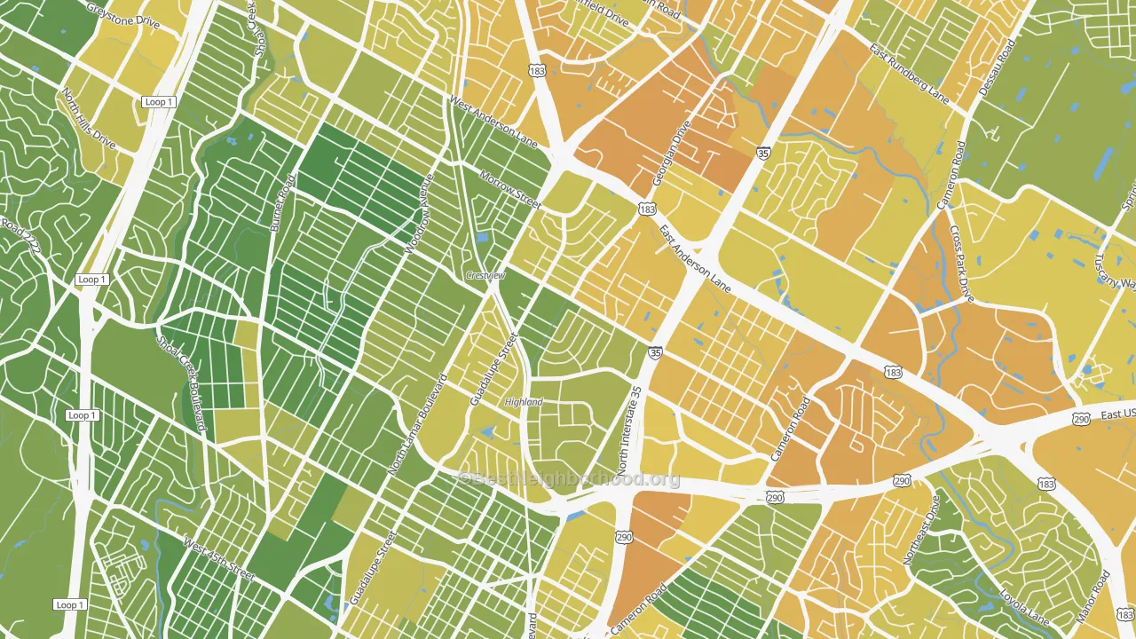 Map of the best neighborhoods in the Highland, Austin area, with better matches in green and worse matches in red