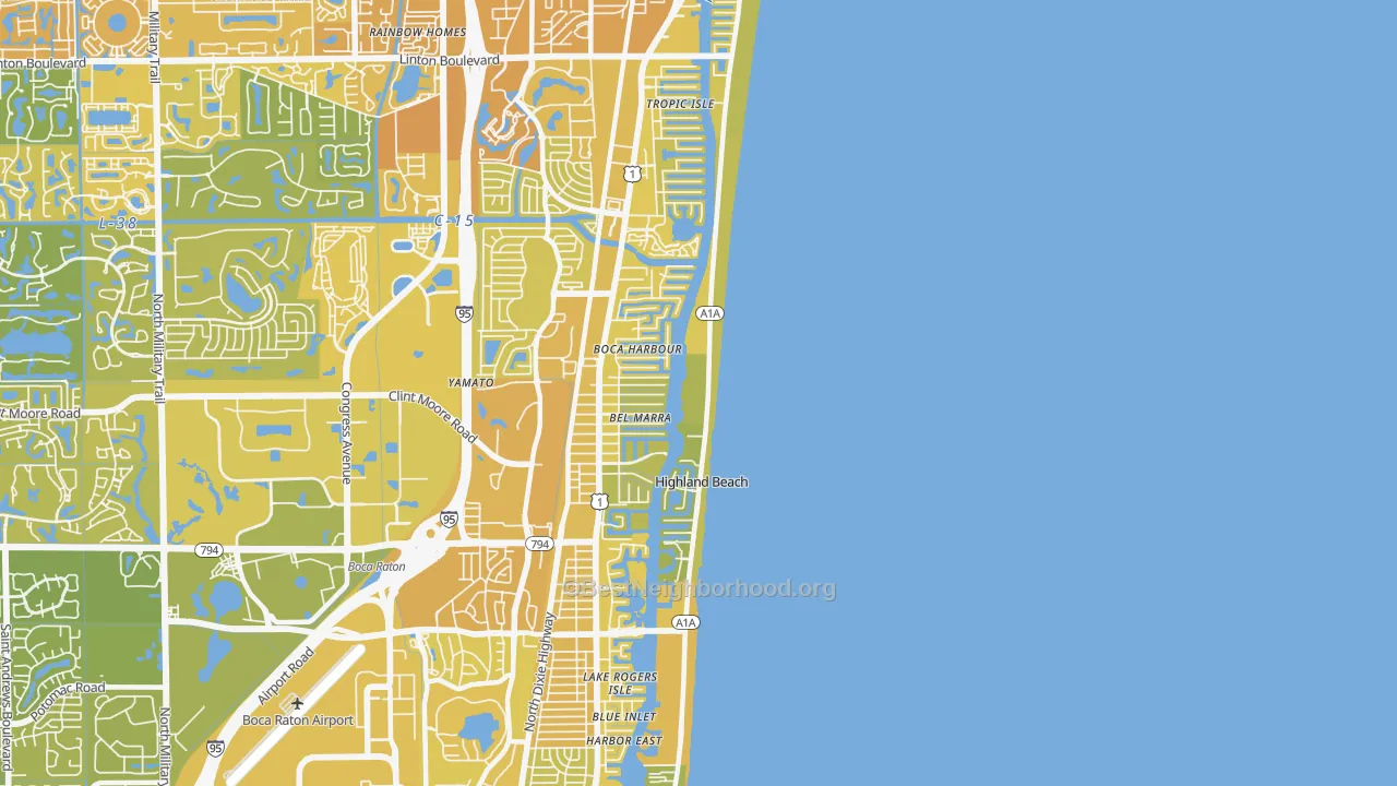Map of the best neighborhoods in the Highland Beach area, with better matches in green and worse matches in red