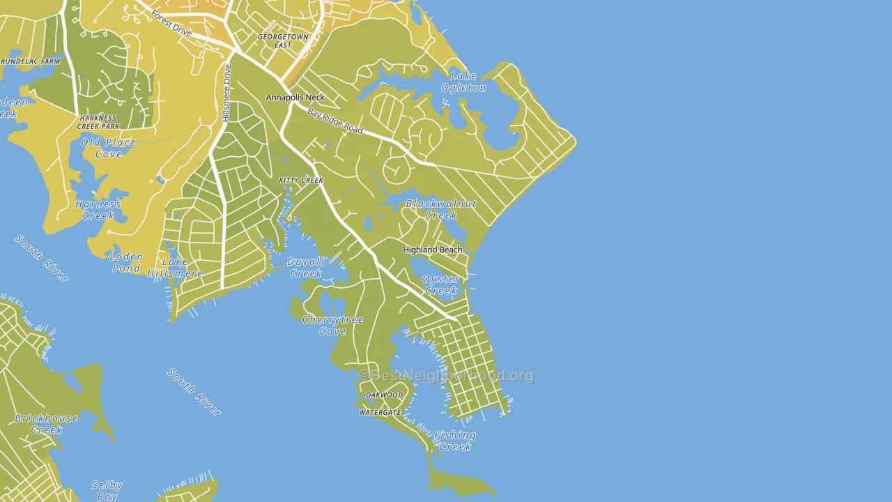 Map of the best neighborhoods in the Highland Beach area, with better matches in green and worse matches in red