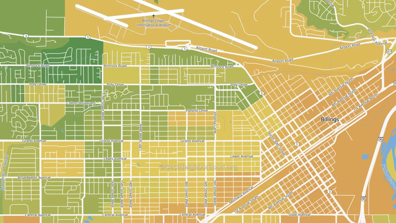 Map of the best neighborhoods in the Highland, Billings area, with better matches in green and worse matches in red