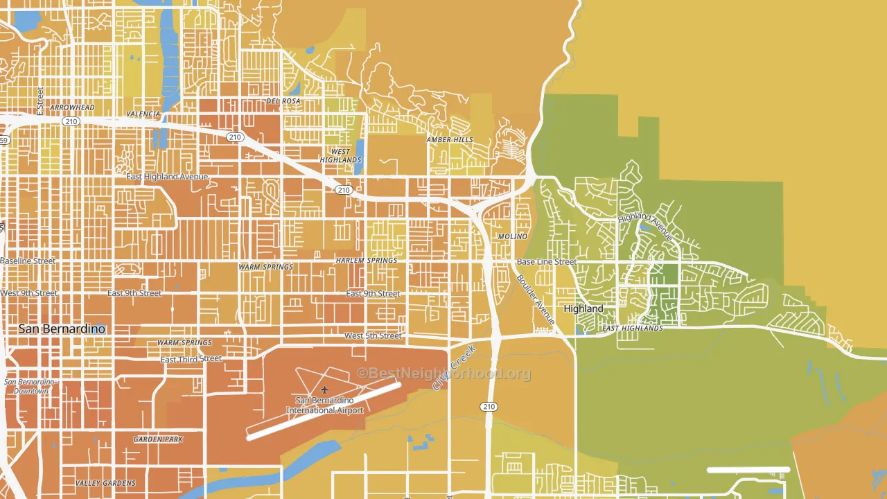 Map of the best neighborhoods in the Highland area, with better matches in green and worse matches in red