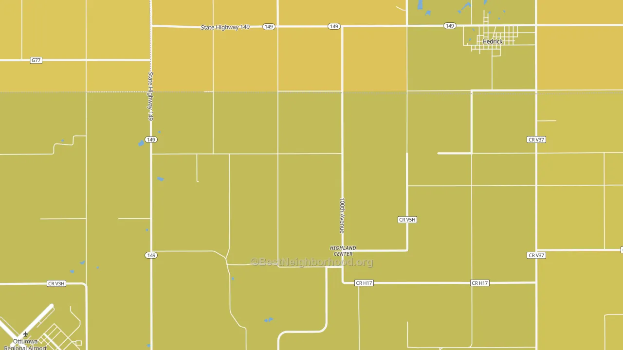 Map of the best neighborhoods in the Highland Center area, with better matches in green and worse matches in red