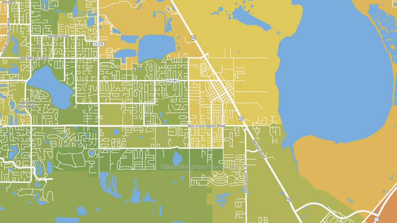 Map of the best neighborhoods in the Highland City area, with better matches in green and worse matches in red