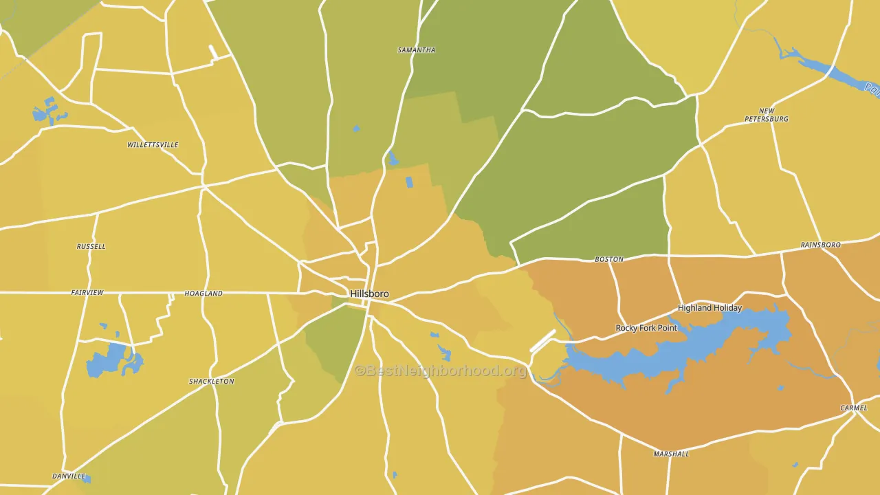 Map of the best neighborhoods in the Highland County area, with better matches in green and worse matches in red