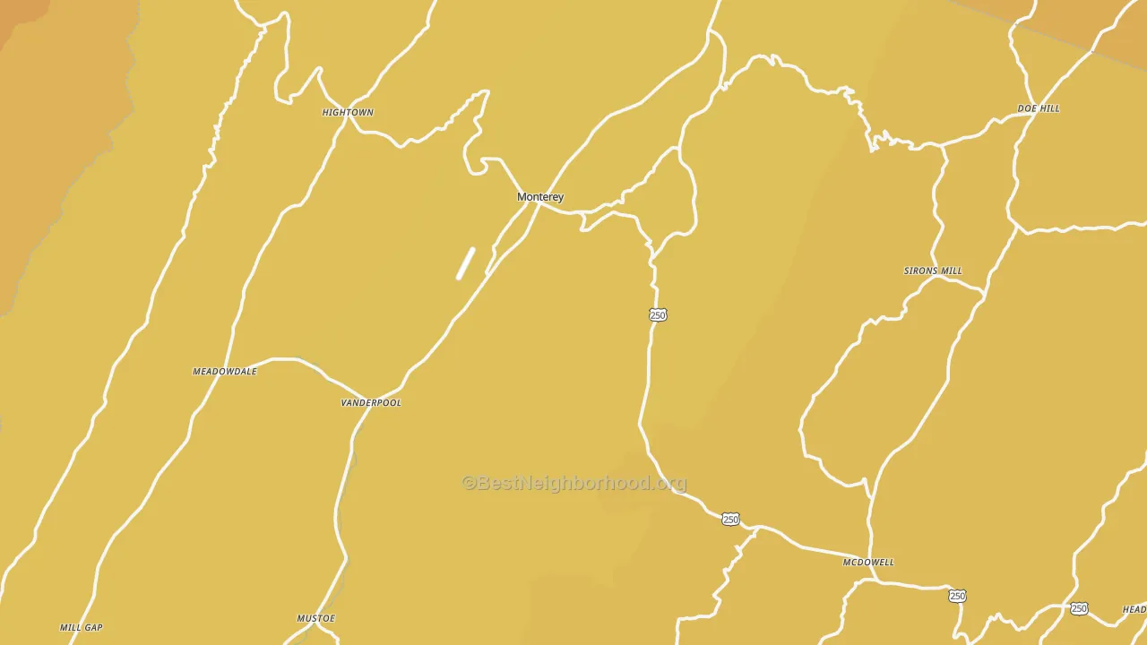 Map of the best neighborhoods in the Highland County area, with better matches in green and worse matches in red