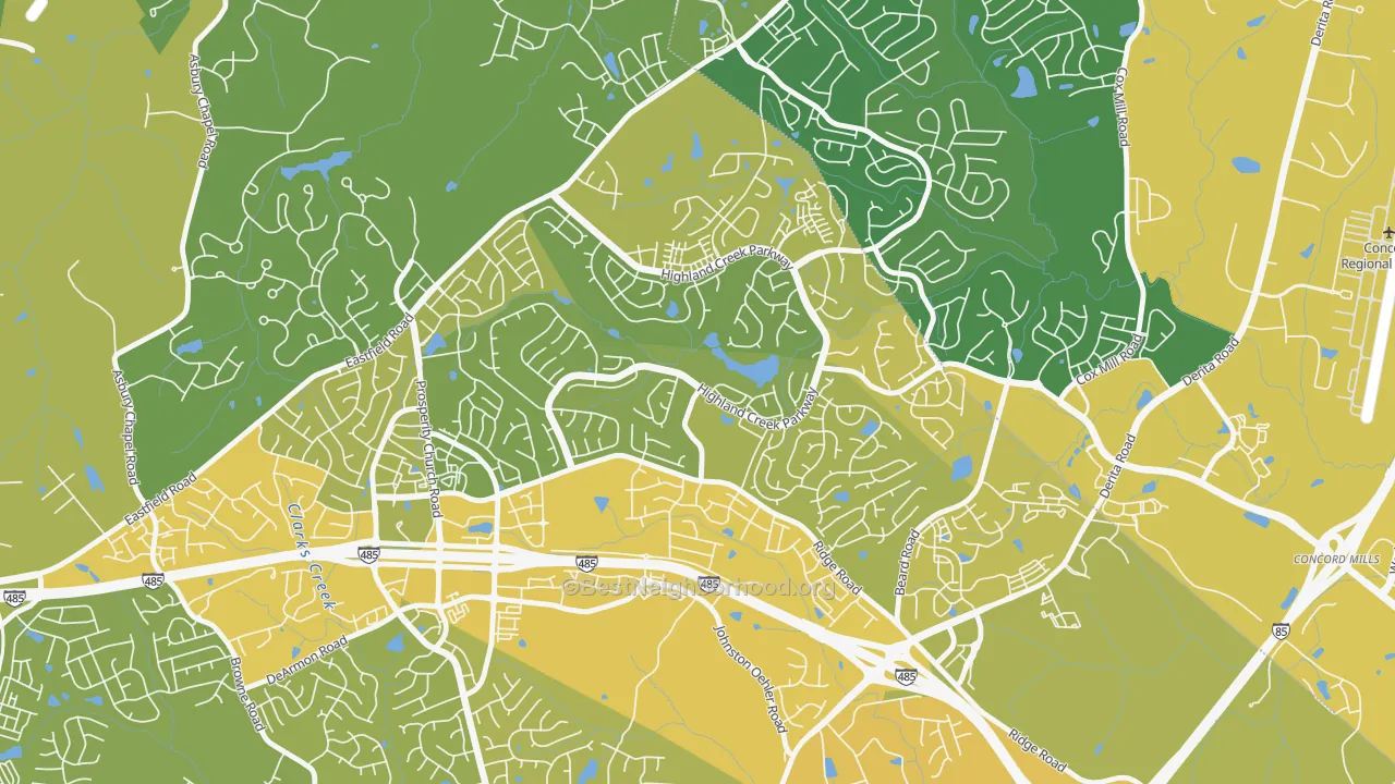 Map of the best neighborhoods in the Highland Creek, Charlotte area, with better matches in green and worse matches in red