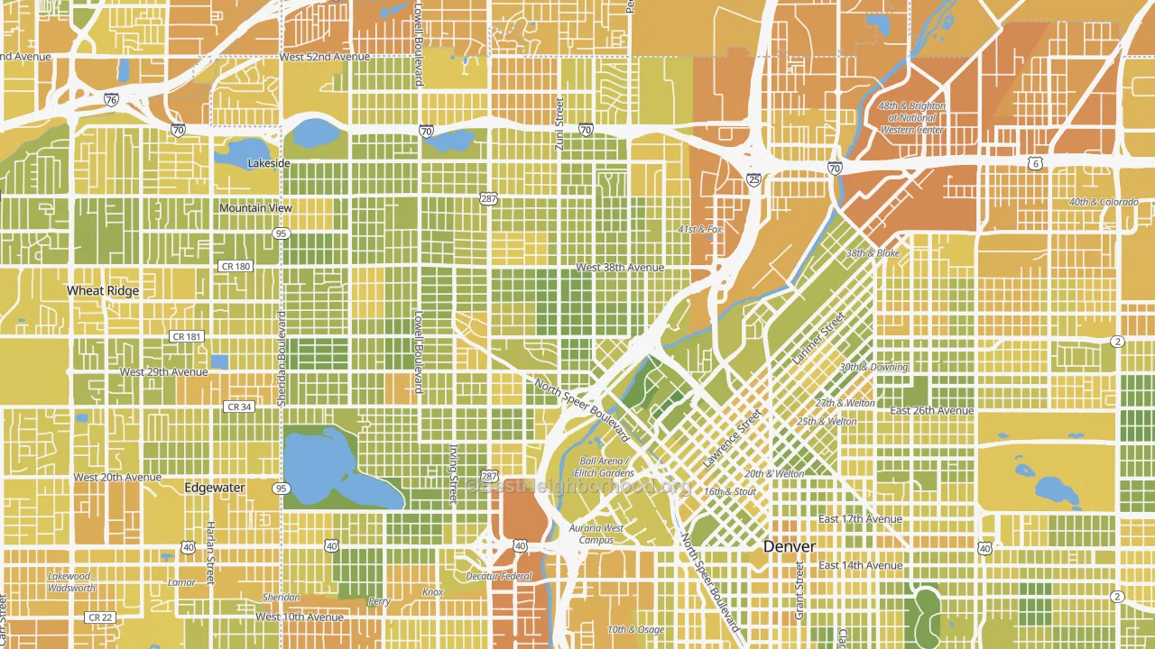 Map of the best neighborhoods in the Highland, Denver area, with better matches in green and worse matches in red
