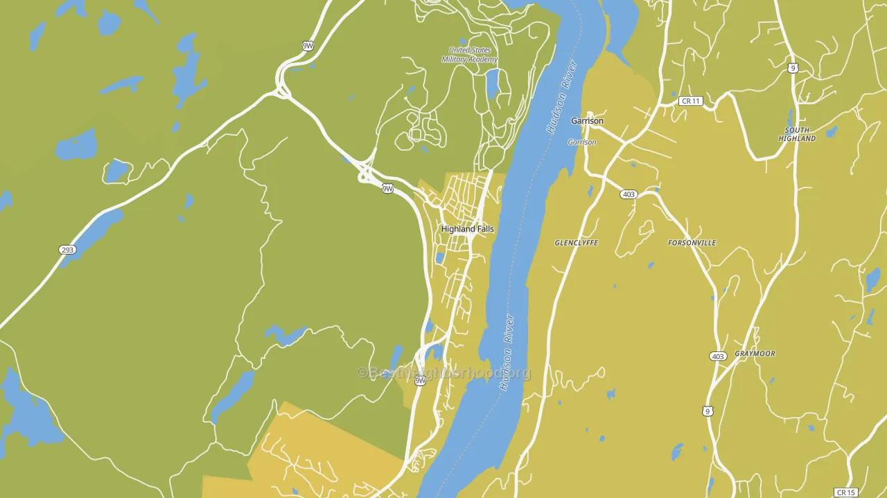 Map of the best neighborhoods in the Highland Falls area, with better matches in green and worse matches in red