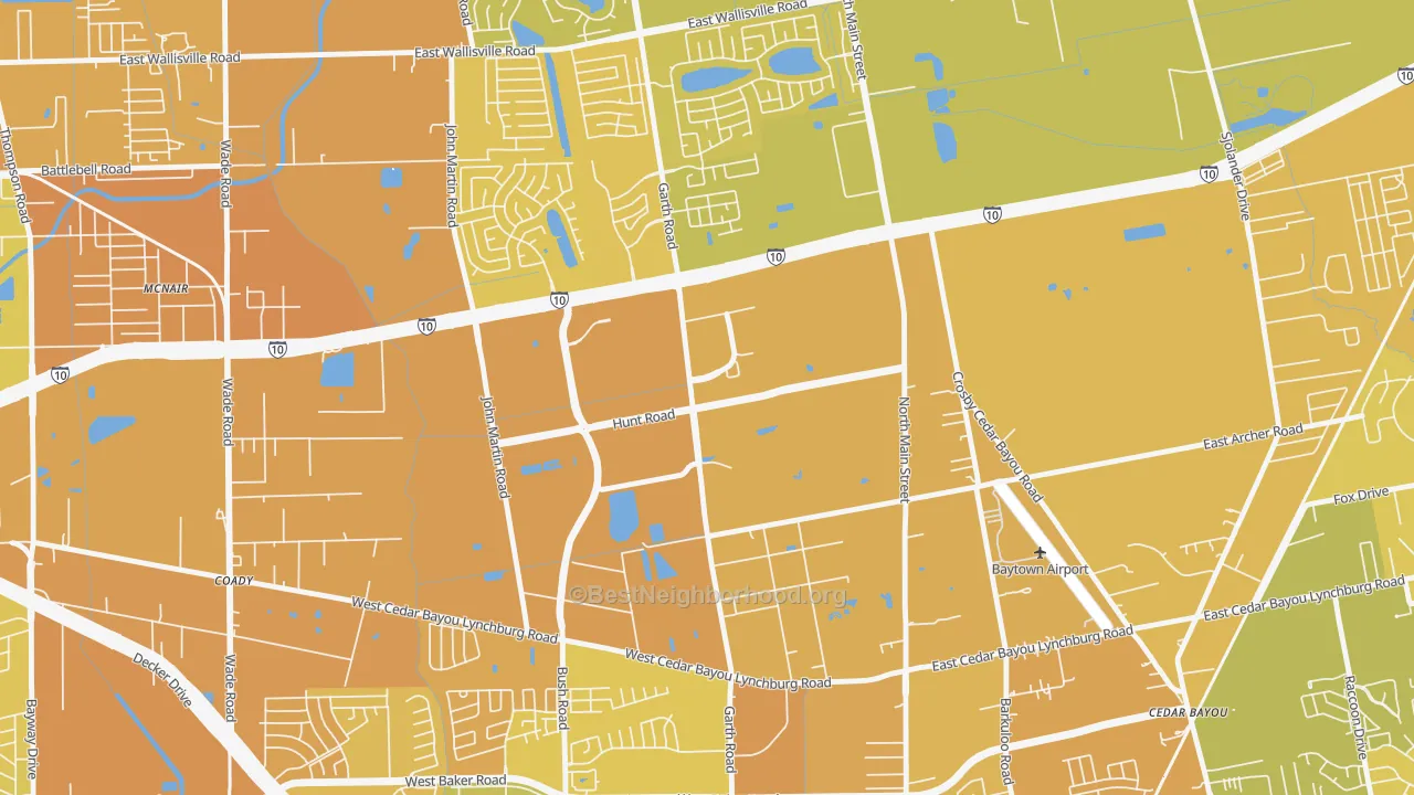 Map of the best neighborhoods in the Highland Farms, Baytown area, with better matches in green and worse matches in red