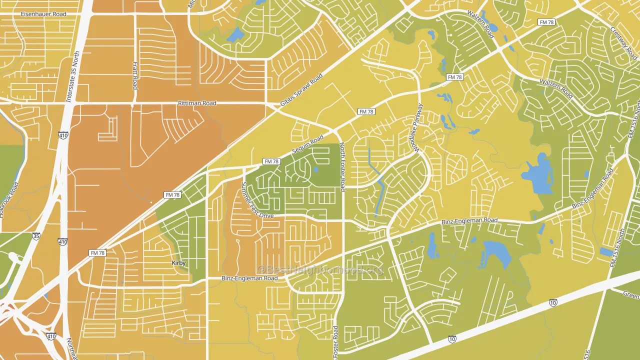 Map of the best neighborhoods in the Highland Farms-San Antonio, San Antonio area, with better matches in green and worse matches in red