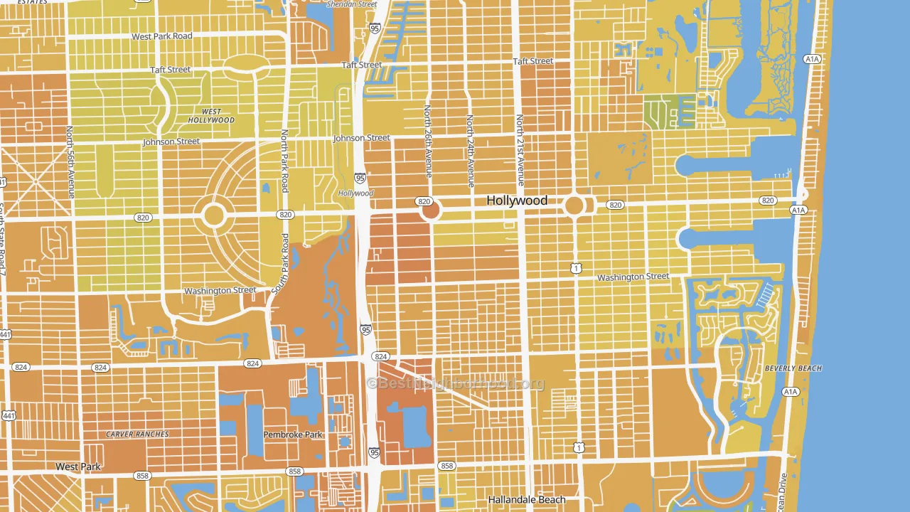 Map of the best neighborhoods in the Highland Garden, Hollywood area, with better matches in green and worse matches in red
