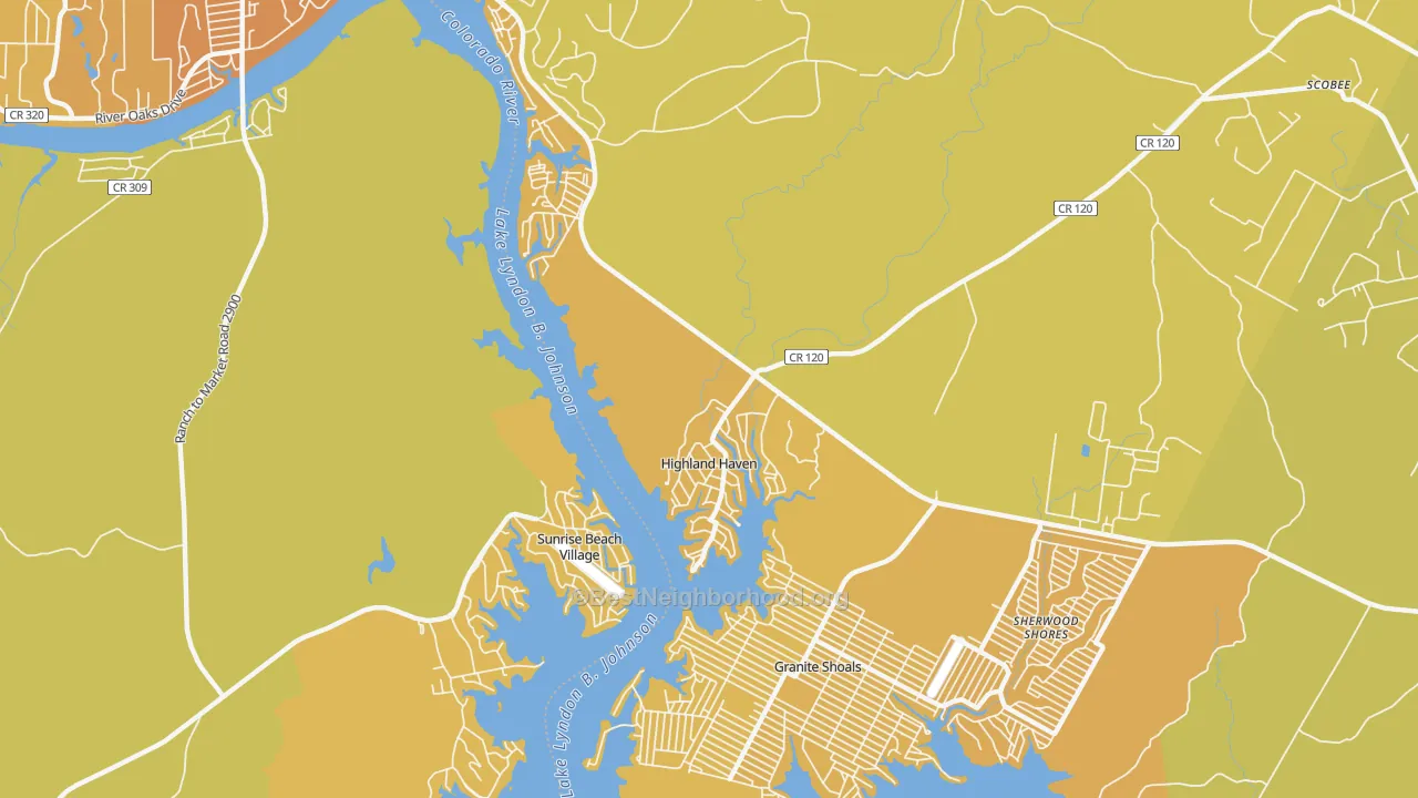 Map of the best neighborhoods in the Highland Haven area, with better matches in green and worse matches in red
