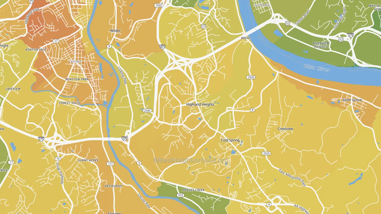 Map of the best neighborhoods in the Highland Heights area, with better matches in green and worse matches in red