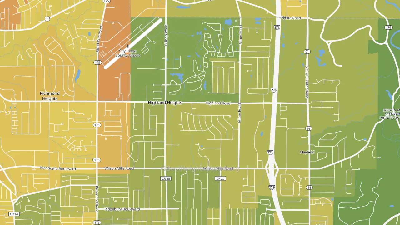Map of the best neighborhoods in the Highland Heights area, with better matches in green and worse matches in red