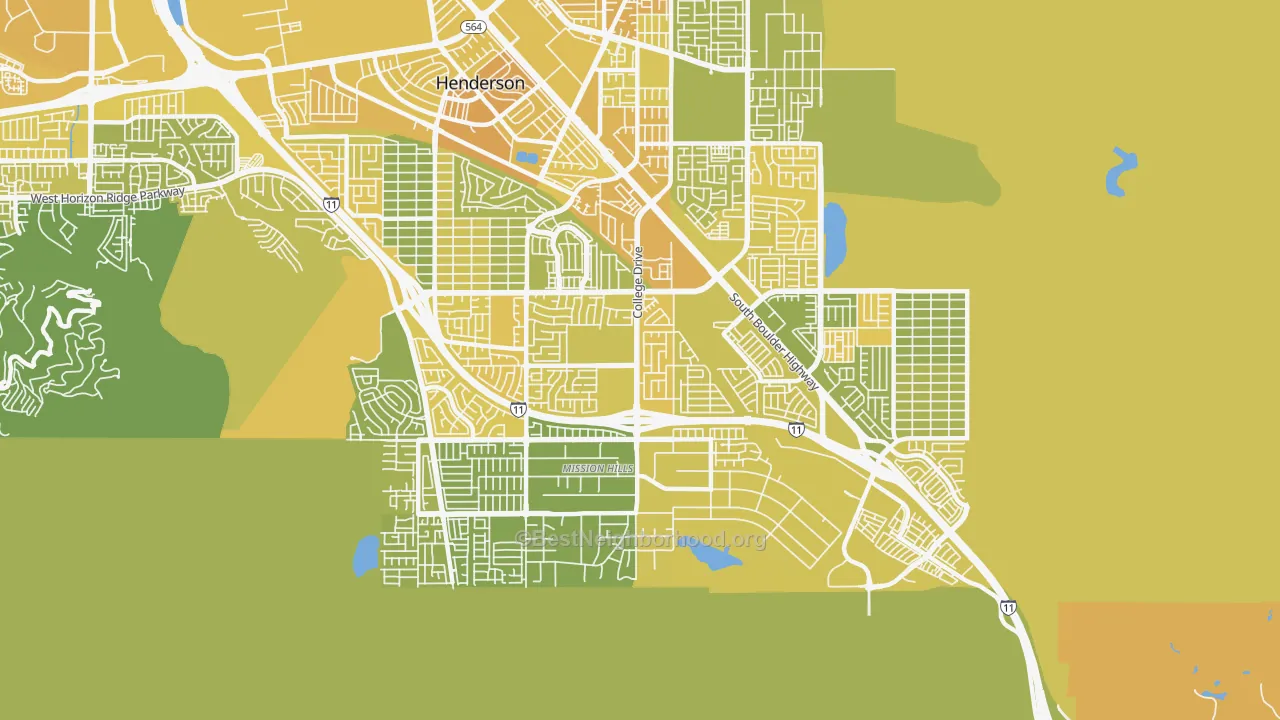 Map of the best neighborhoods in the Highland Hills, Henderson area, with better matches in green and worse matches in red