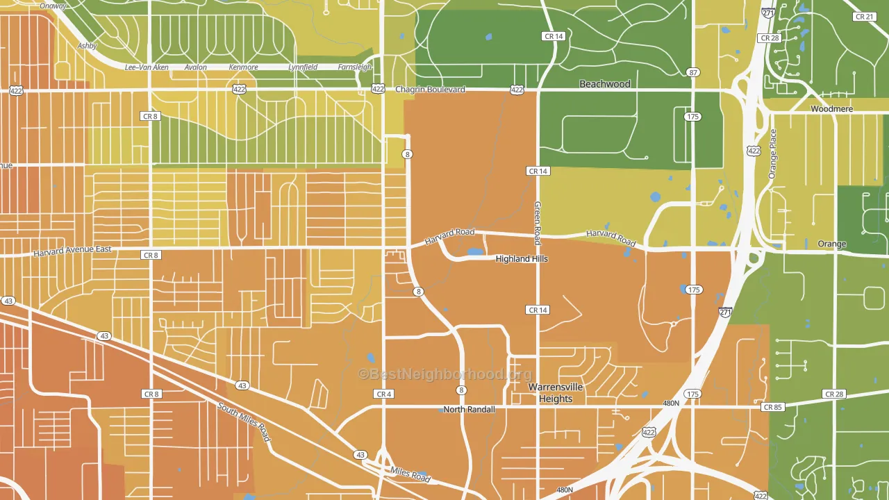 Map of the best neighborhoods in the Highland Hills area, with better matches in green and worse matches in red