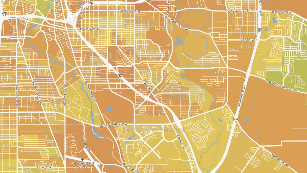 Map of the best neighborhoods in the Highland Hills, San Antonio area, with better matches in green and worse matches in red