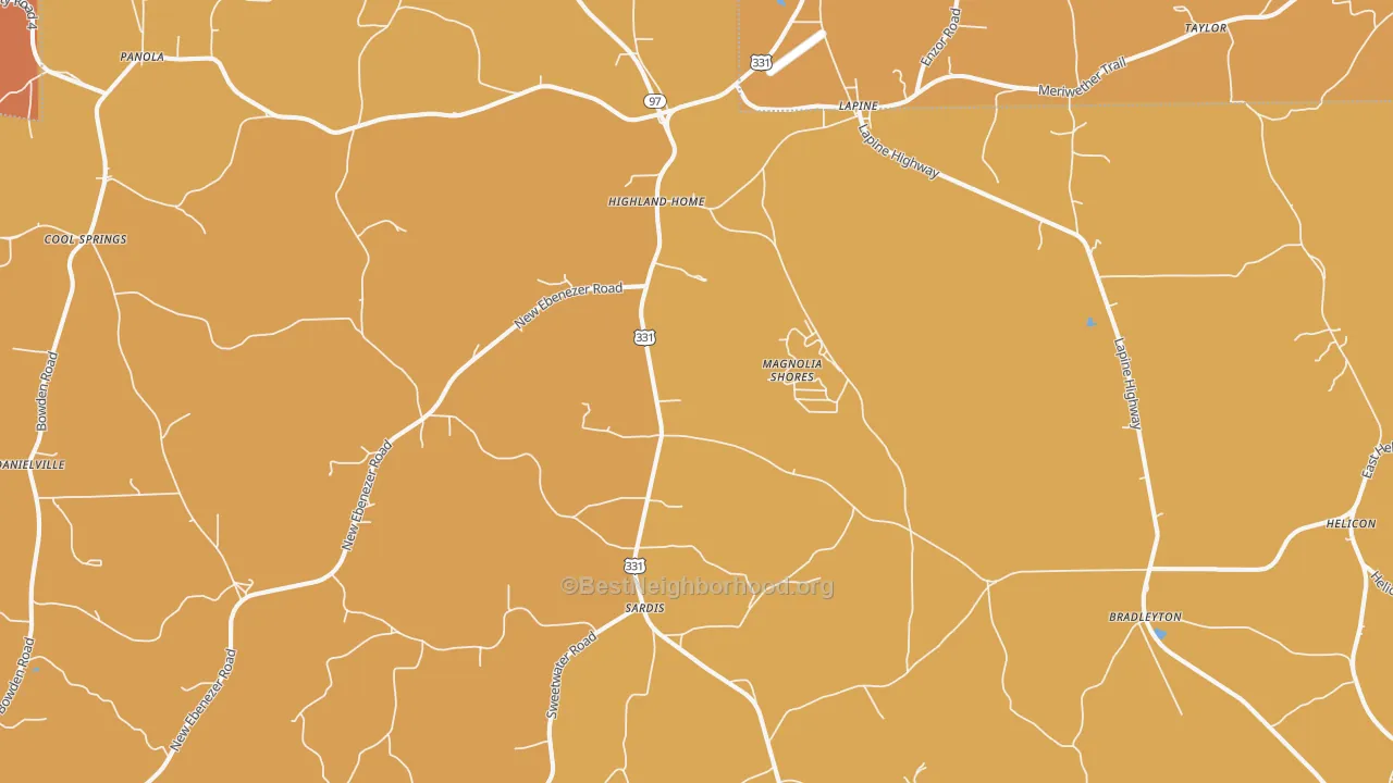 Map of the best neighborhoods in the Highland Home area, with better matches in green and worse matches in red