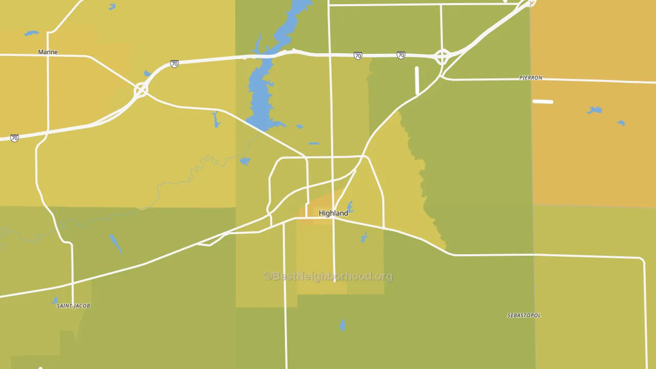 Map of the best neighborhoods in the Highland area, with better matches in green and worse matches in red