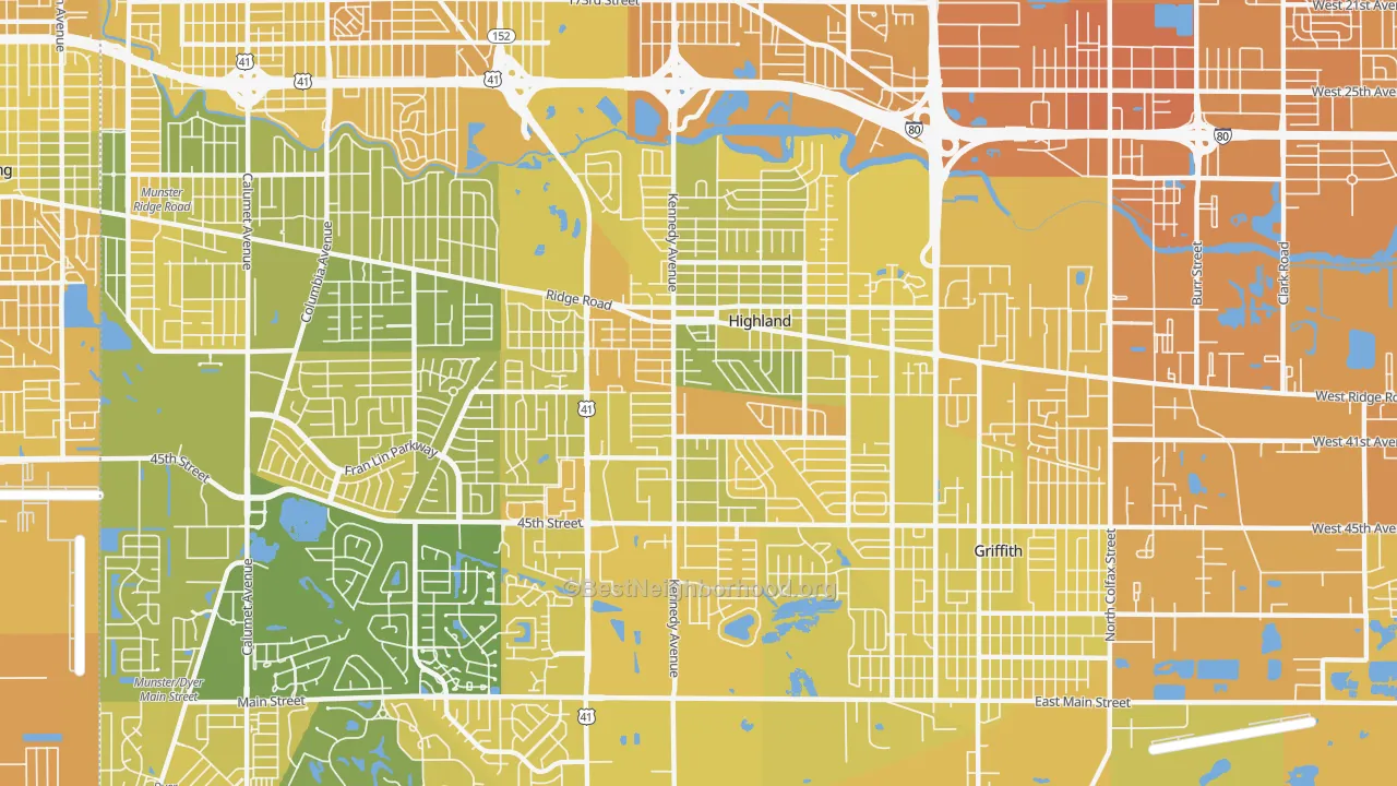 Map of the best neighborhoods in the Highland area, with better matches in green and worse matches in red