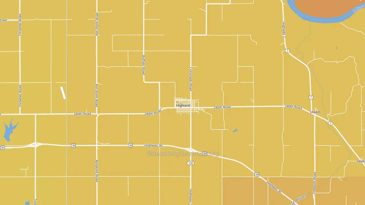 Map of the best neighborhoods in the Highland area, with better matches in green and worse matches in red