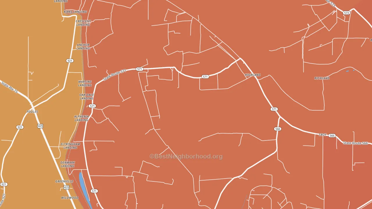 Map of the best neighborhoods in the Highland area, with better matches in green and worse matches in red