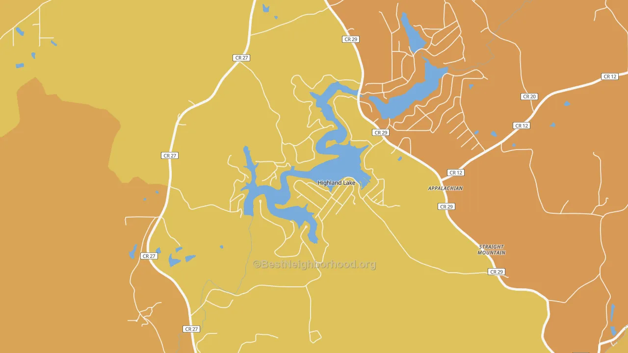 Map of the best neighborhoods in the Highland Lake area, with better matches in green and worse matches in red