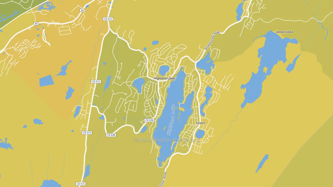 Map of the best neighborhoods in the Highland Lake area, with better matches in green and worse matches in red