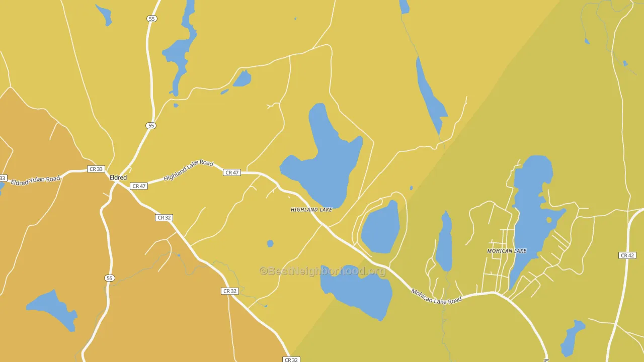 Map of the best neighborhoods in the Highland Lake area, with better matches in green and worse matches in red