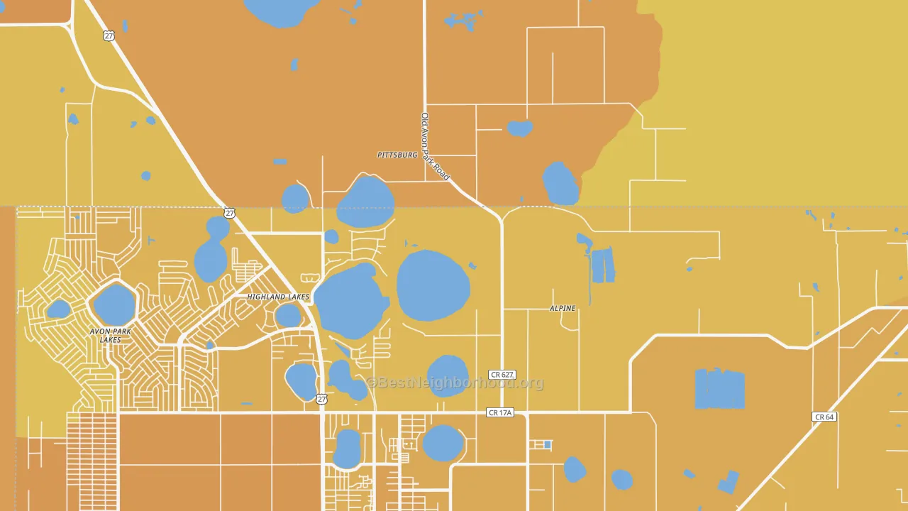 Map of the best neighborhoods in the Highland Lakes area, with better matches in green and worse matches in red
