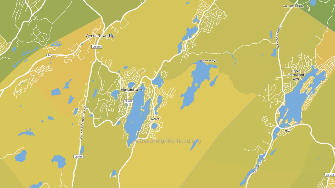 Map of the best neighborhoods in the Highland Lakes area, with better matches in green and worse matches in red