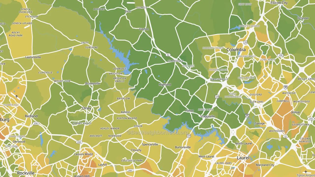 Map of the best neighborhoods in the Highland area, with better matches in green and worse matches in red