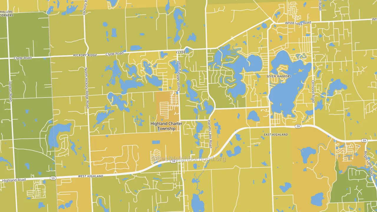 Map of the best neighborhoods in the Highland area, with better matches in green and worse matches in red