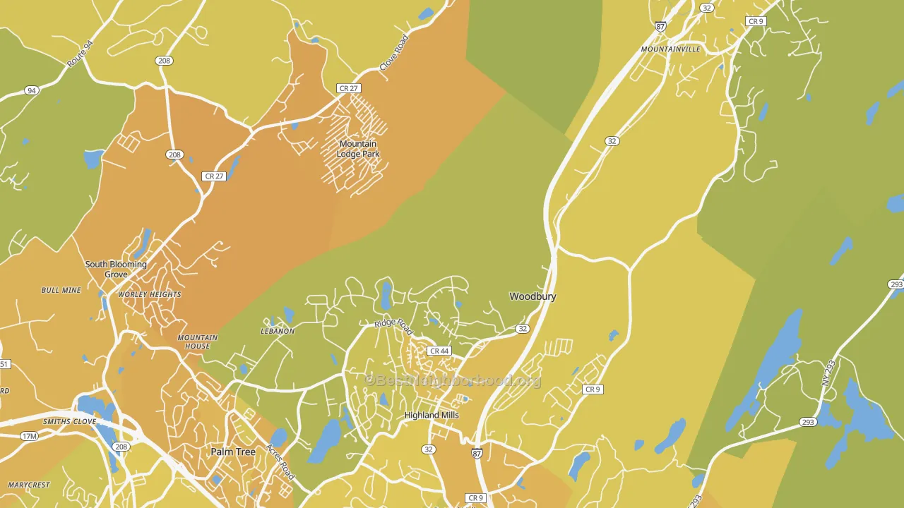 Map of the best neighborhoods in the Highland Mills area, with better matches in green and worse matches in red