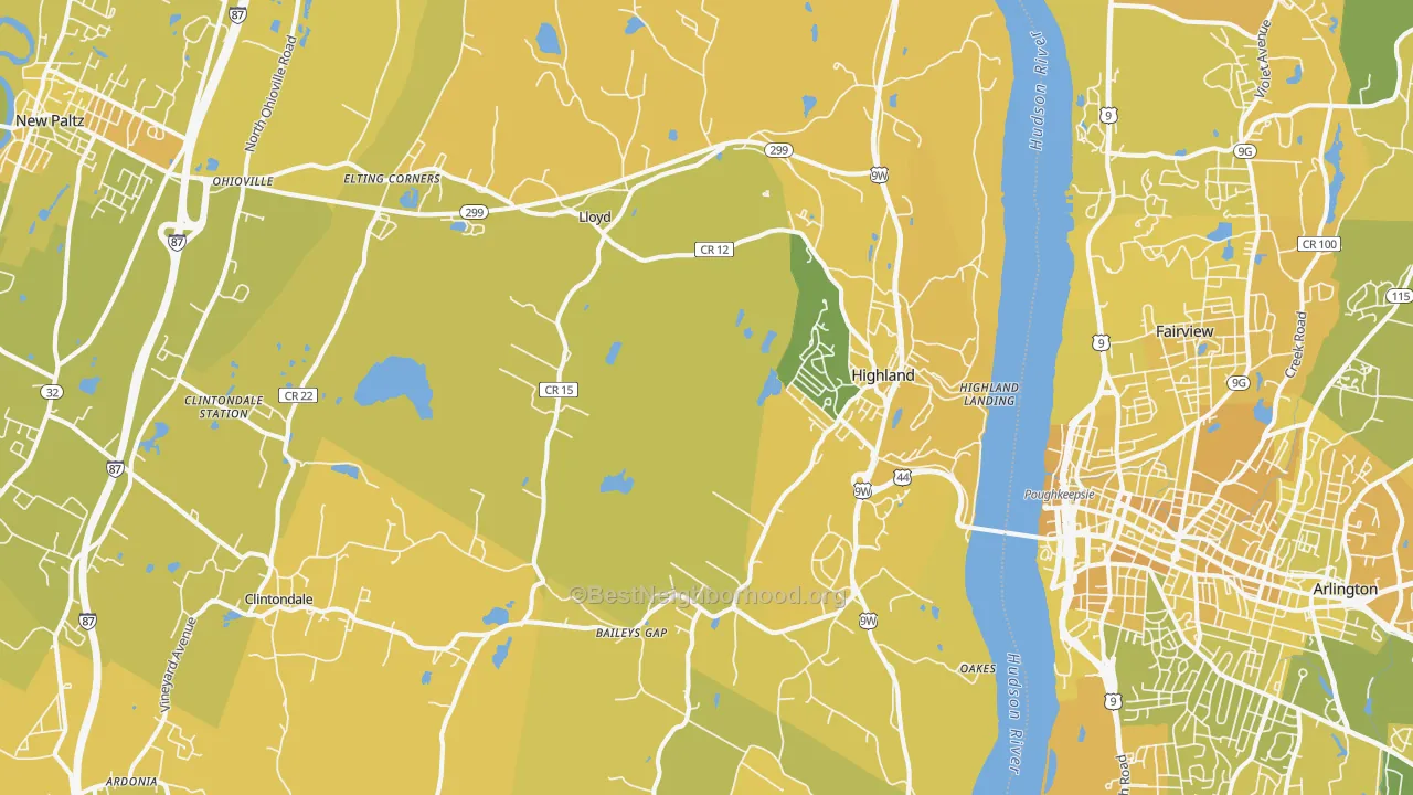 Map of the best neighborhoods in the Highland area, with better matches in green and worse matches in red