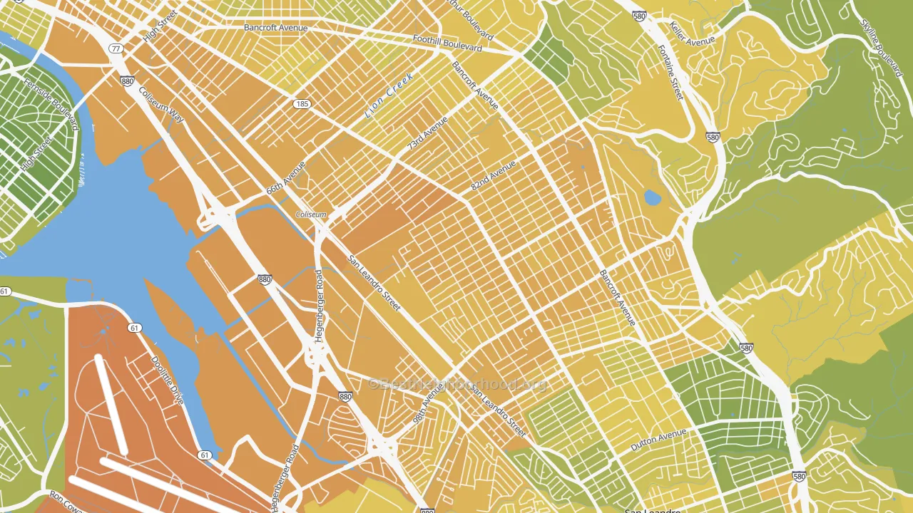 Map of the best neighborhoods in the Highland, Oakland area, with better matches in green and worse matches in red