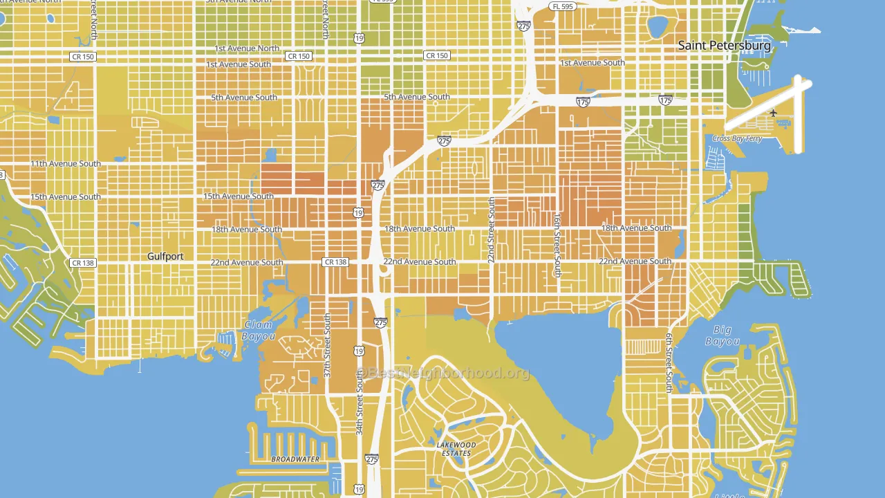 Map of the best neighborhoods in the Highland Oaks, St. Petersburg area, with better matches in green and worse matches in red