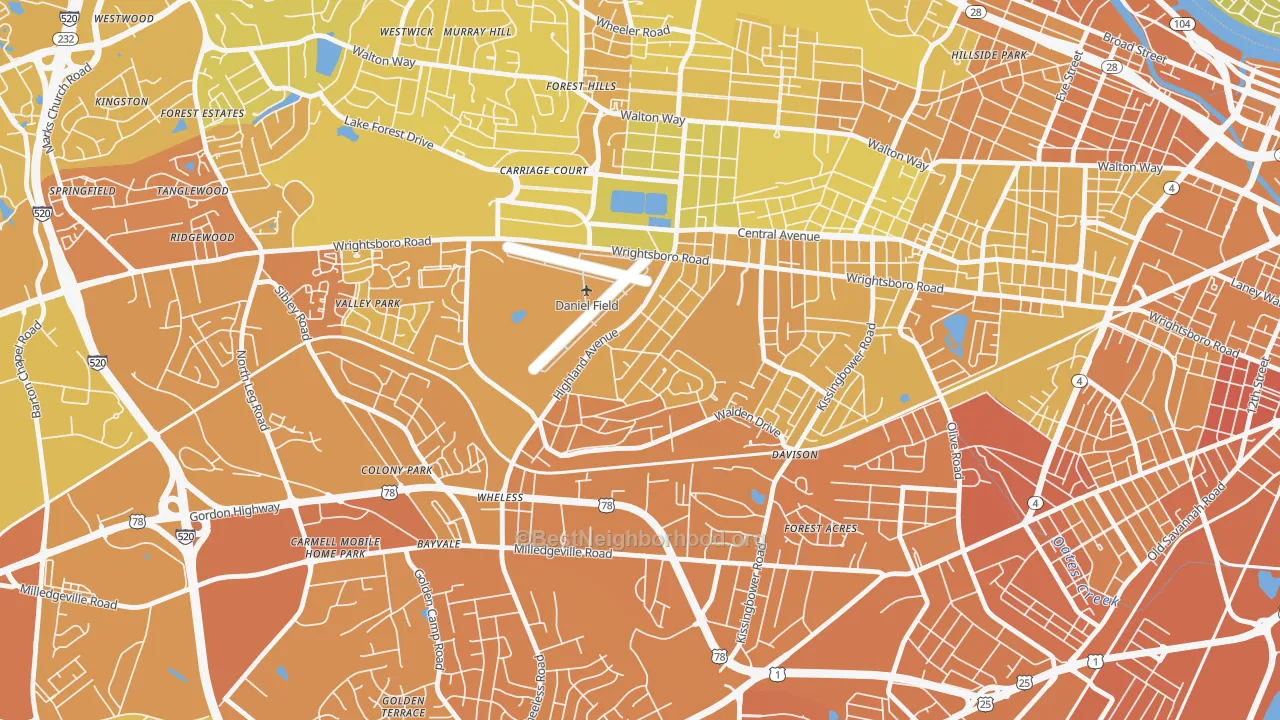 Map of the best neighborhoods in the Highland Park, Augusta area, with better matches in green and worse matches in red