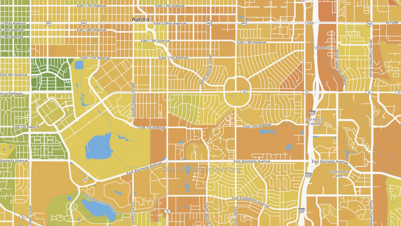 Map of the best neighborhoods in the Highland Park, Aurora area, with better matches in green and worse matches in red