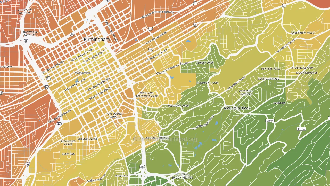 Map of the best neighborhoods in the Highland Park, Birmingham area, with better matches in green and worse matches in red