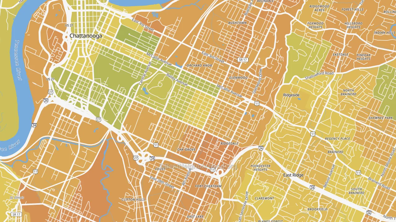 Map of the best neighborhoods in the Highland Park, Chattanooga area, with better matches in green and worse matches in red