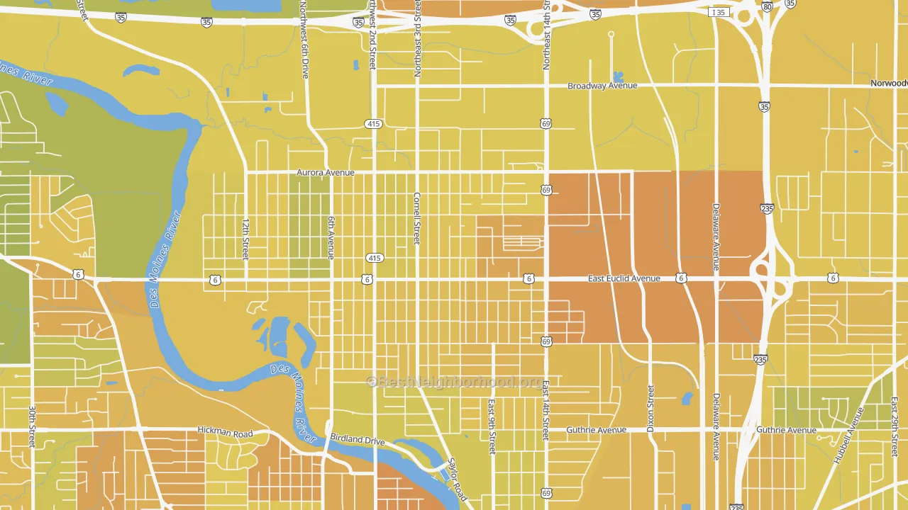 Map of the best neighborhoods in the Highland Park, Des Moines area, with better matches in green and worse matches in red