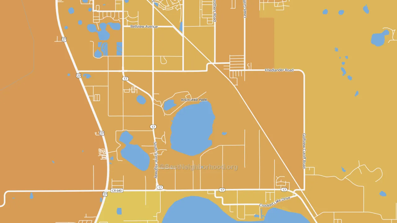 Map of the best neighborhoods in the Highland Park area, with better matches in green and worse matches in red