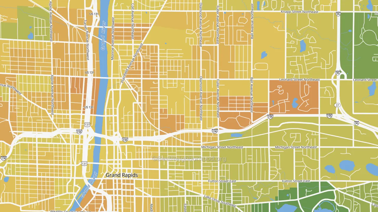 Map of the best neighborhoods in the Highland Park, Grand Rapids area, with better matches in green and worse matches in red